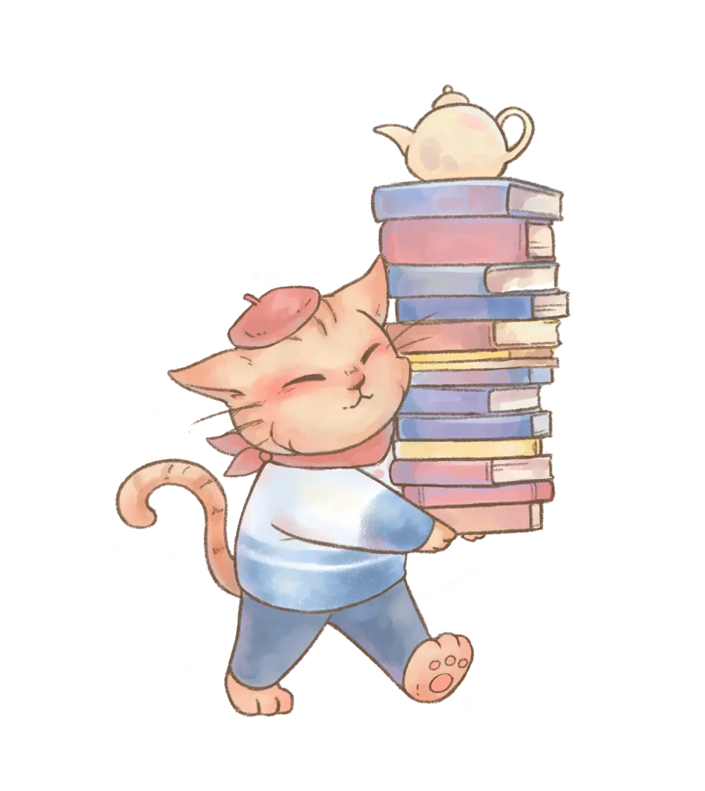 Cat mascot with a stack of books and teapot